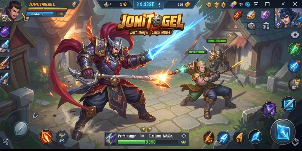 Screenshot utama <strong>JONITOGEL</strong> menampilkan intensitas pertarungan tim MOBA.