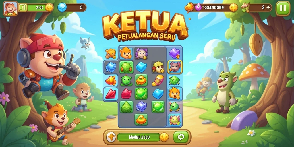 Tampilan gameplay seru KETUA dengan elemen match-3 yang berwarna-warni.