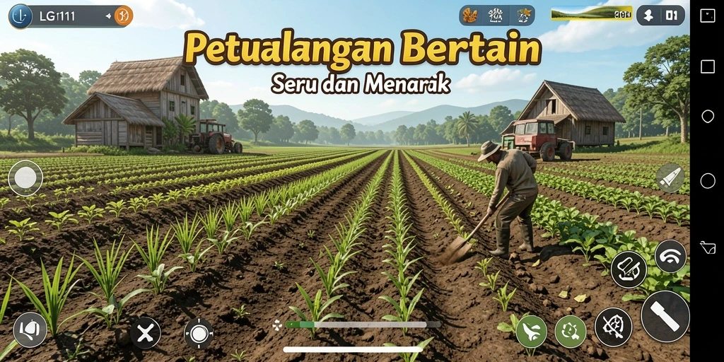 Screenshot utama LG111 menampilkan gameplay penuh warna dan aktivitas bertani.