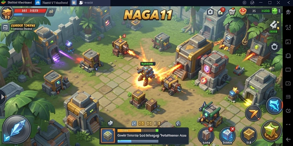 Tampilan gameplay seru menampilkan menara dan musuh dalam NAGA11.