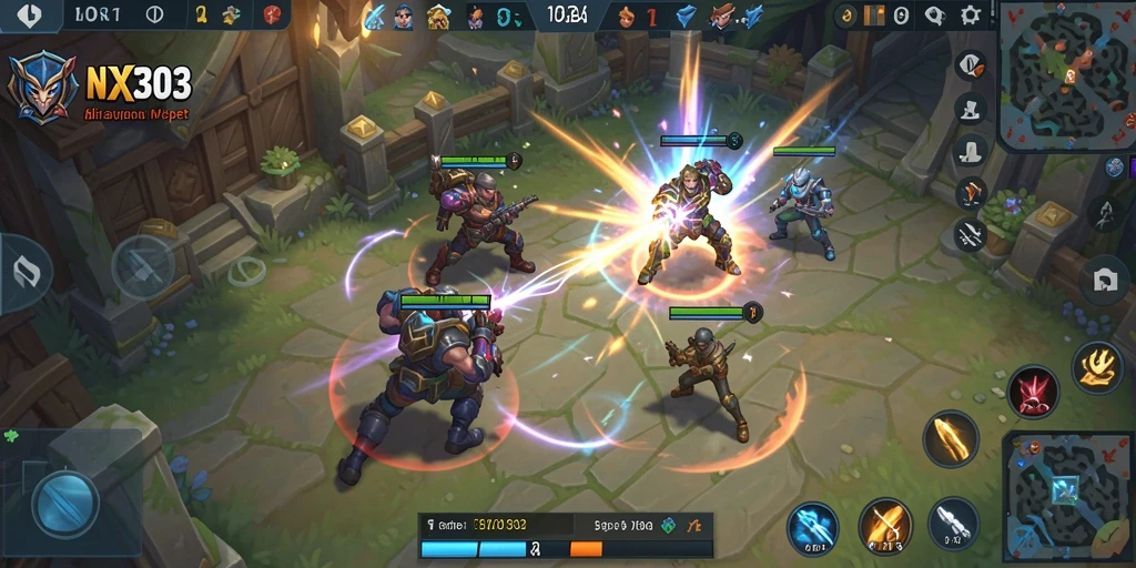 Tampilan gameplay intens dalam arena pertempuran MOBA.