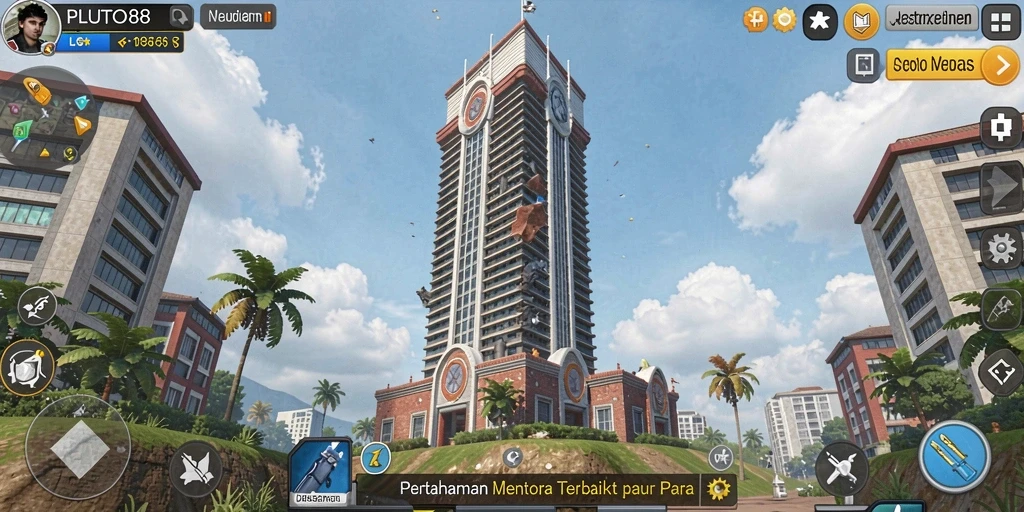 Tampilan permainan <strong>PLUTO88</strong> dengan menara dan musuh yang beragam.