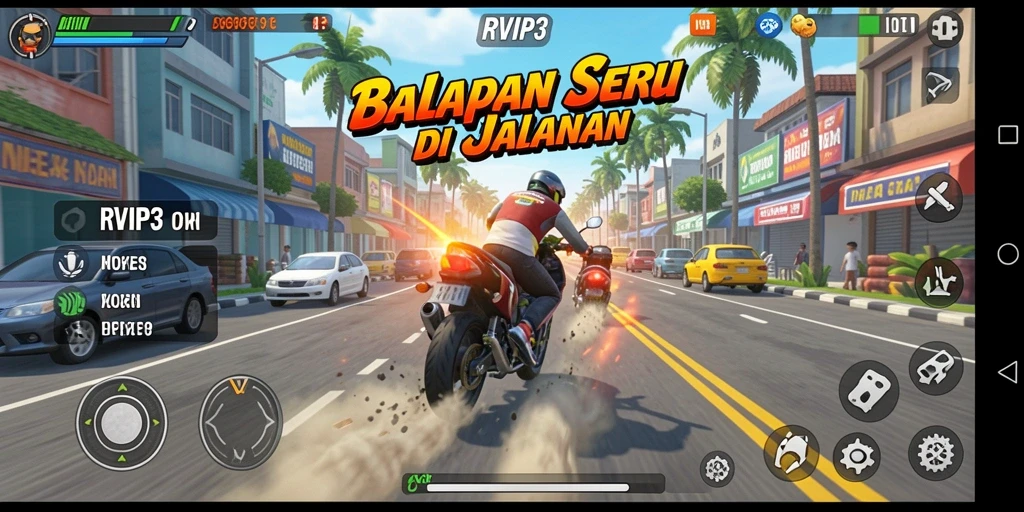 Screenshot gameplay balapan RVIP3 yang penuh aksi.