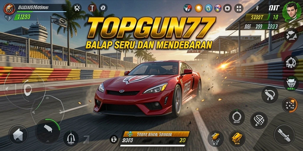 Gameplay Racing yang mendebarkan di TOPGUN77 dengan mobil balap cepat.