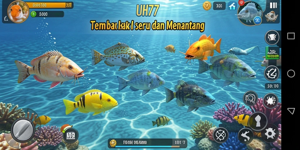 Screenshot gameplay UH77 yang menampilkan aksi menembak ikan.