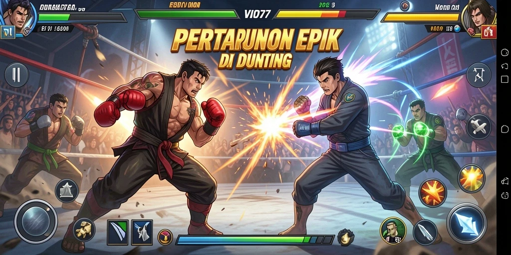 Tampilan aksi seru dalam VIO77 saat karakter bertarung di arena.